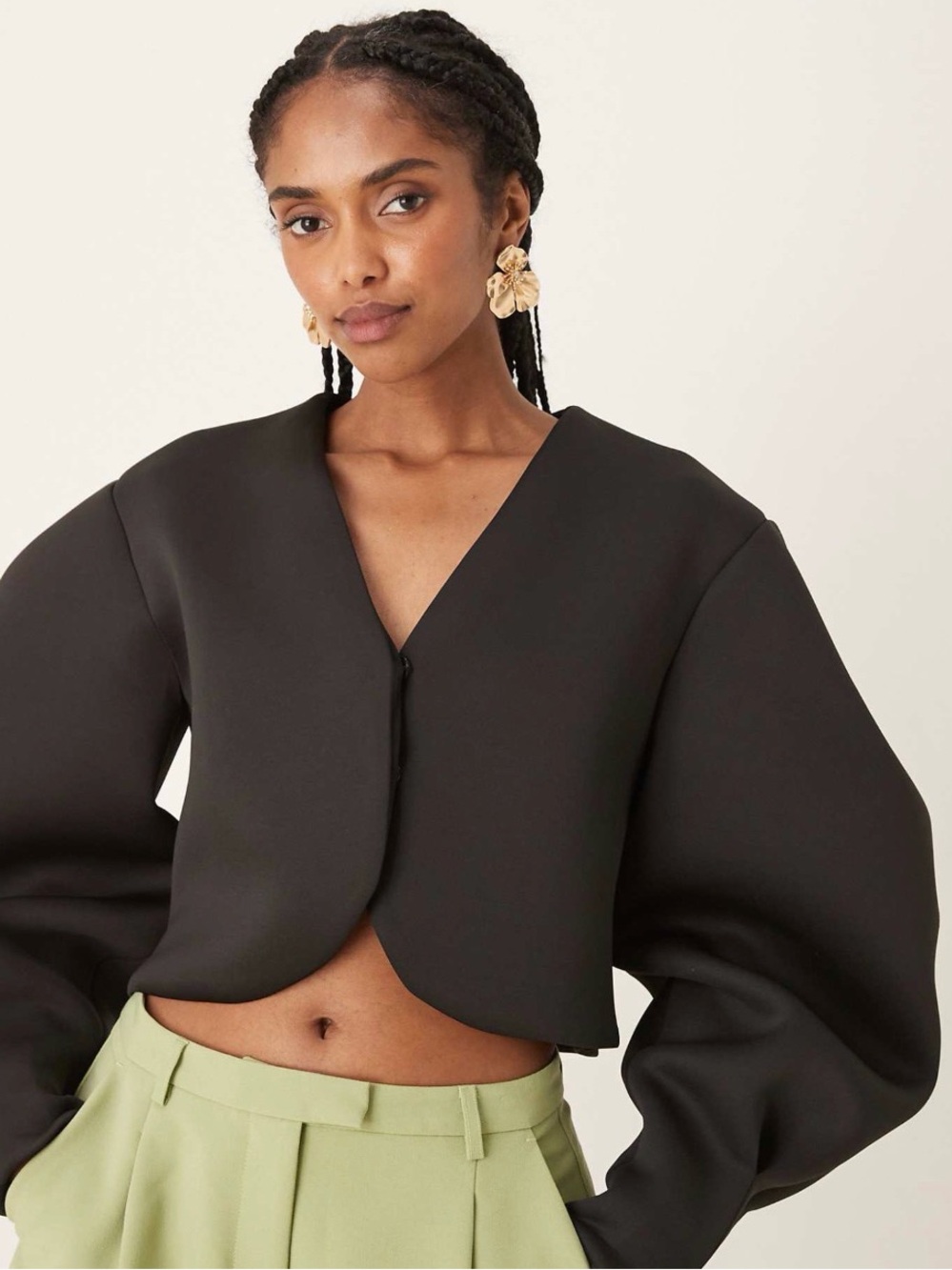 ASOS Design Extreme Volume Sleeve Cropped Jacket | Scuba Blazer Black
